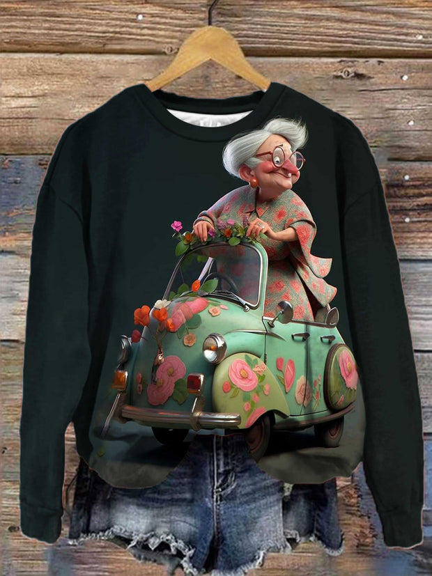 Granny And Car Print Crew Neck Top