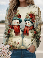 Vintage Snowmen in Winter Print Long Sleeve Casual Top