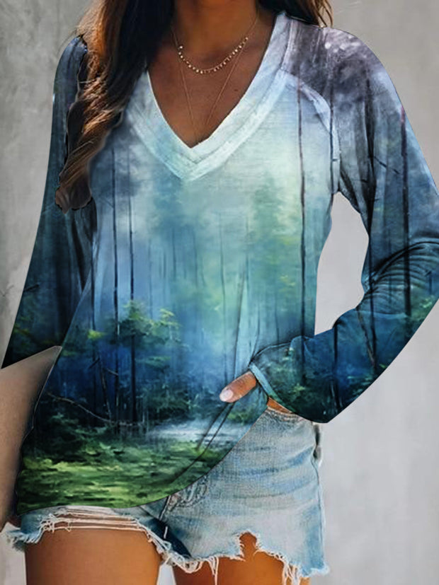 Forest Print V-Neck Long Sleeve Top