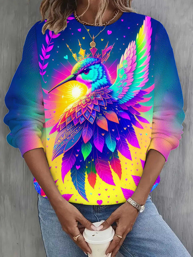 Colorful Bird Print Casual Round Neck Long Sleeve Top