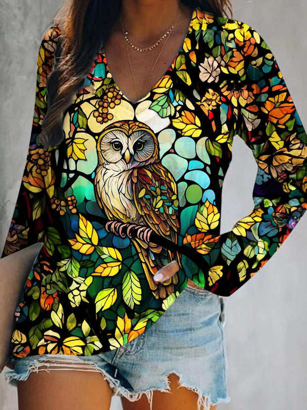 Women's Owl Print V-Neck Long-Sleeve Top