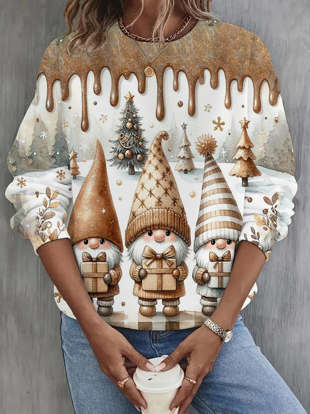 Gnomes Holiday Print Casual Crew Neck Long Sleeve Top