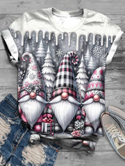 Gnome Winter Print Casual Round Neck T-Shirt